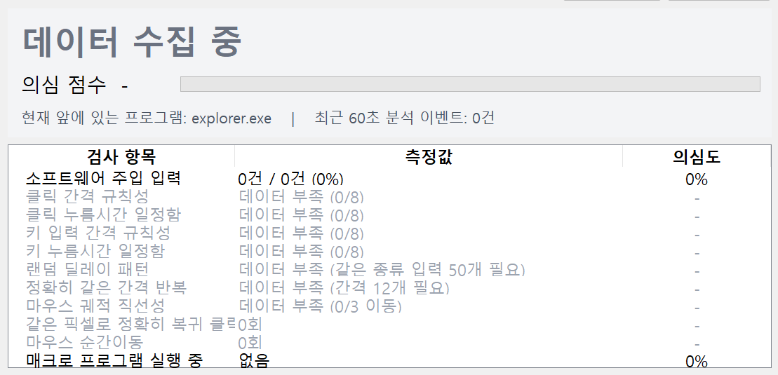 입력 이벤트를 수집하면서 전체 의심 점수와 최근 분석 이벤트 수를 실시간으로 표시합니다.