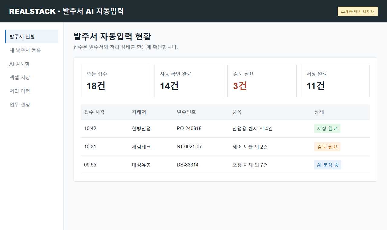 발주서 자동입력 현황 - 접수된 발주서와 처리 상태를 한눈에 확인합니다.
