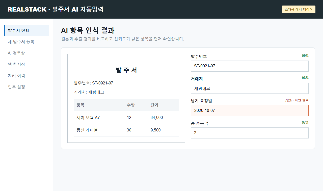 AI 항목 인식 결과 - 원본과 추출 결과를 비교하고 신뢰도가 낮은 항목을 먼저 확인합니다.