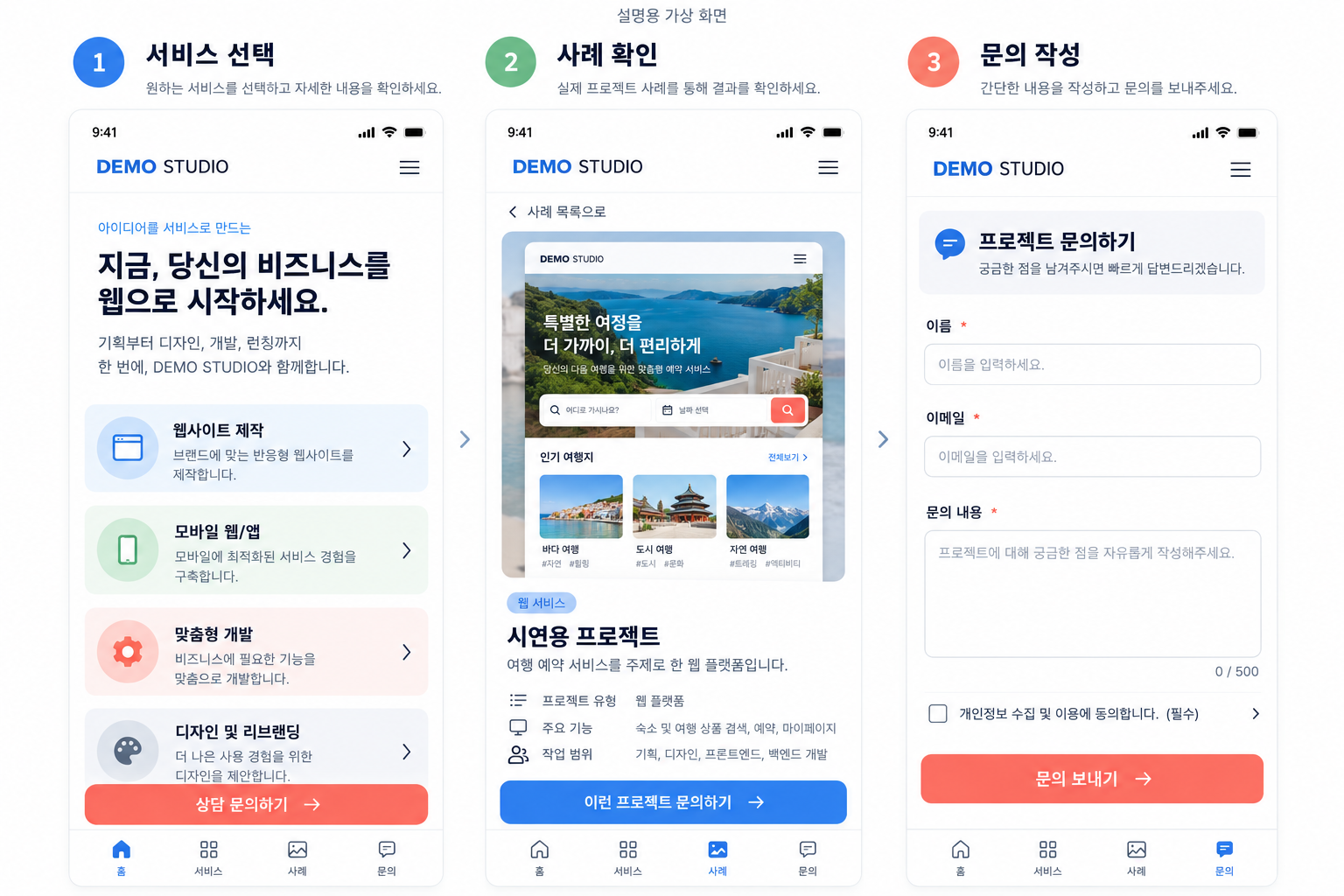 AI 생성 가상 화면: 모바일 서비스 선택·사례 확인·문의 작성 동선